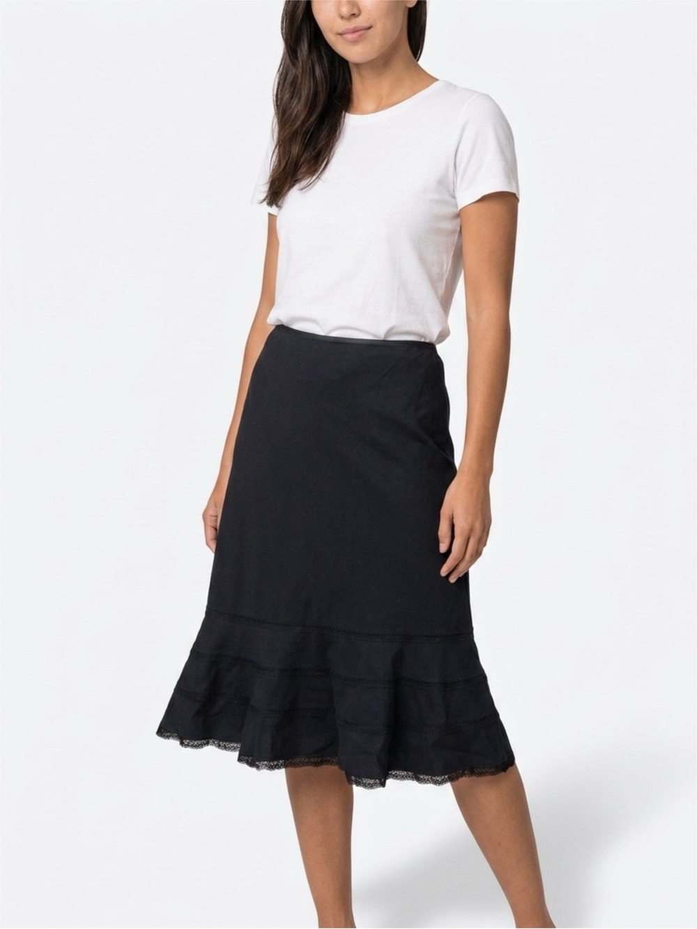 Express Wool and Spandex Blend Stretch Classic Black Midi Skirt w/ Flounced Hem